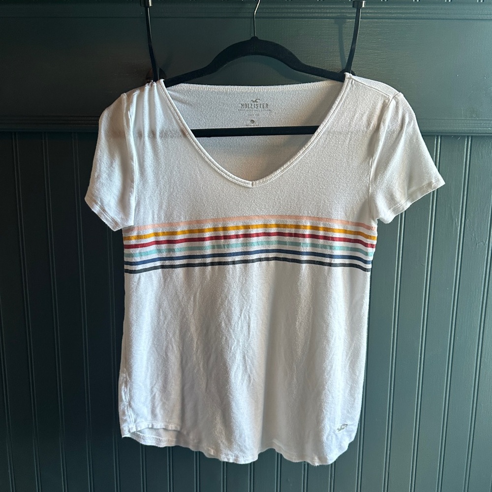 Hollister Women's White Tee with Multicolor Stripes